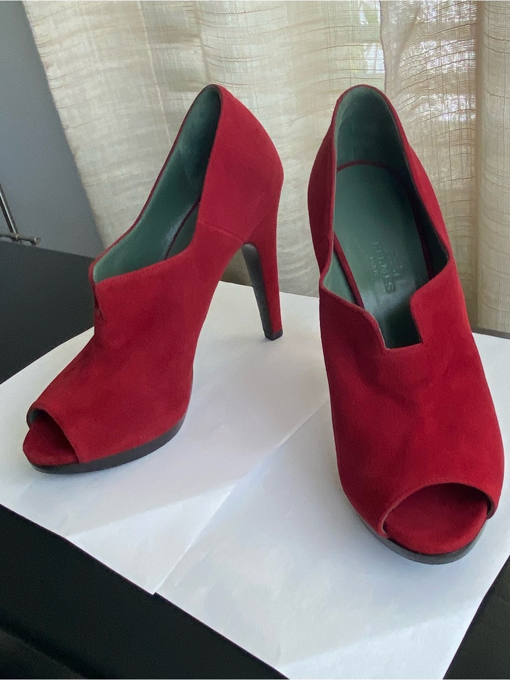 Hermes Red Suede Peep-Toe Stiletto Booties boots slides sandals 37 Italy pumps